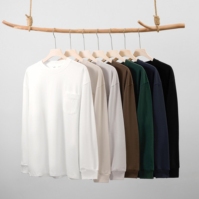 美式宽松230g口袋款长袖t恤男秋季新款纯棉白色外穿情侣上衣男潮