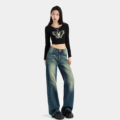 VWYZ小个子高腰显瘦宽松阔腿拖地牛仔裤2024美式复古直筒裤女秋冬 - 图2