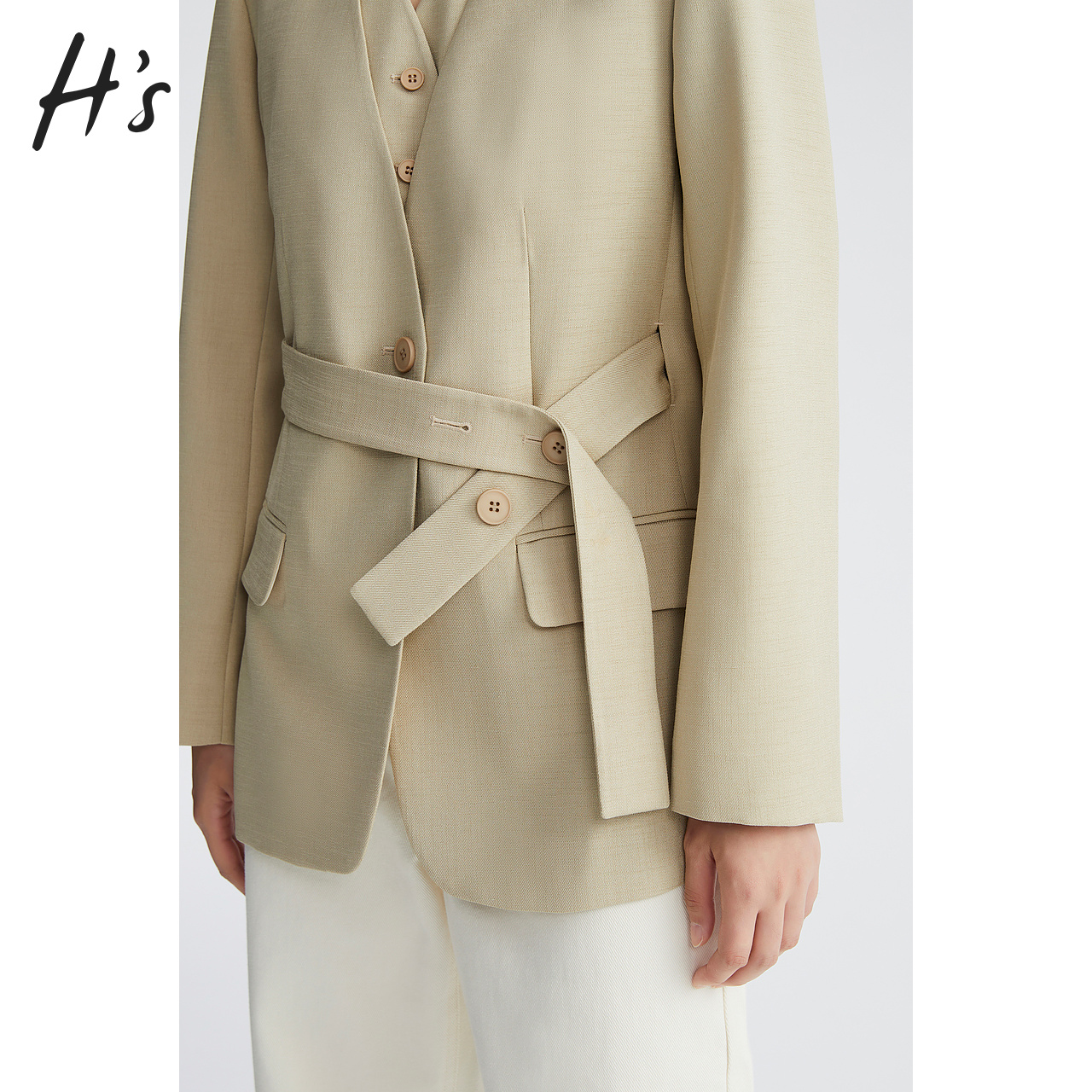 HS奥莱2023秋季新款高级感腰带西装女简约微宽肩V领气质西服外套