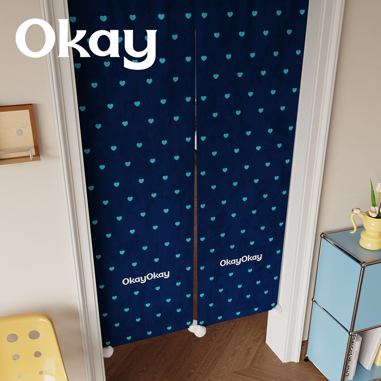 okay爱心礼物门帘韩系毛球遮挡帘厨房防油烟半开卧室免打孔隔断帘 - 图2