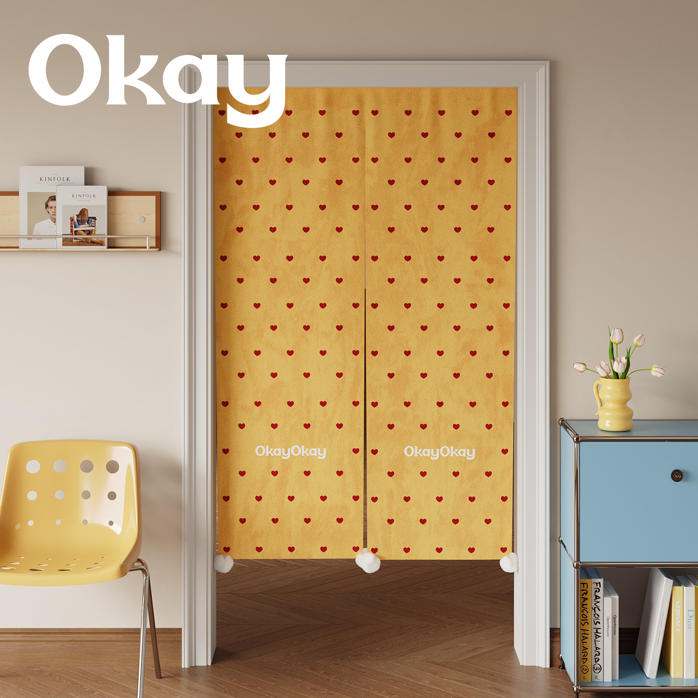 okay爱心礼物门帘韩系毛球遮挡帘厨房防油烟半开卧室免打孔隔断帘 - 图3