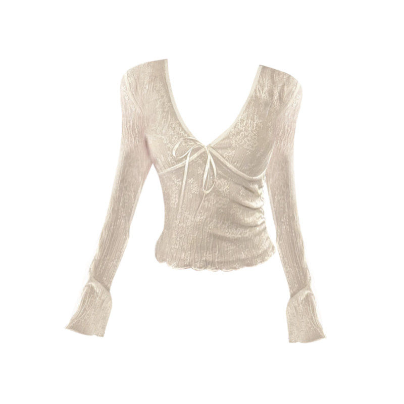 设计感V领蝴蝶结蕾丝衫女秋冬季辣妹短款性感收腰显瘦防晒衫上衣,淘宝优惠券,粉丝福利购,淘宝优惠卷