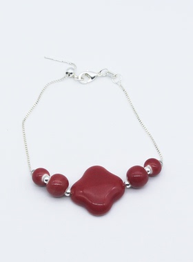 景德镇陶瓷豇豆红釉四叶草手链