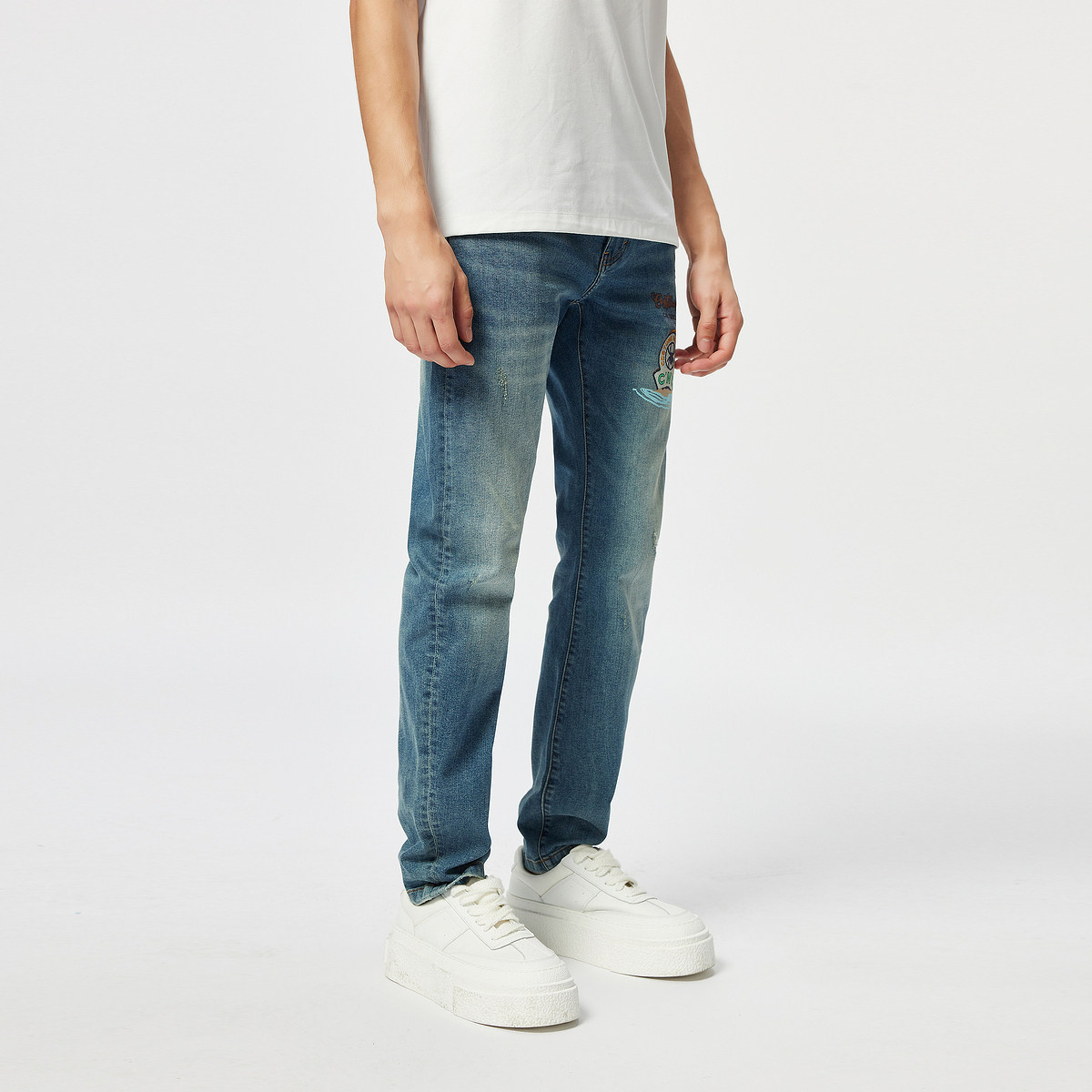 CNC男装奥莱蜘蛛logo水洗牛仔裤男新款轻奢百搭弹力长裤