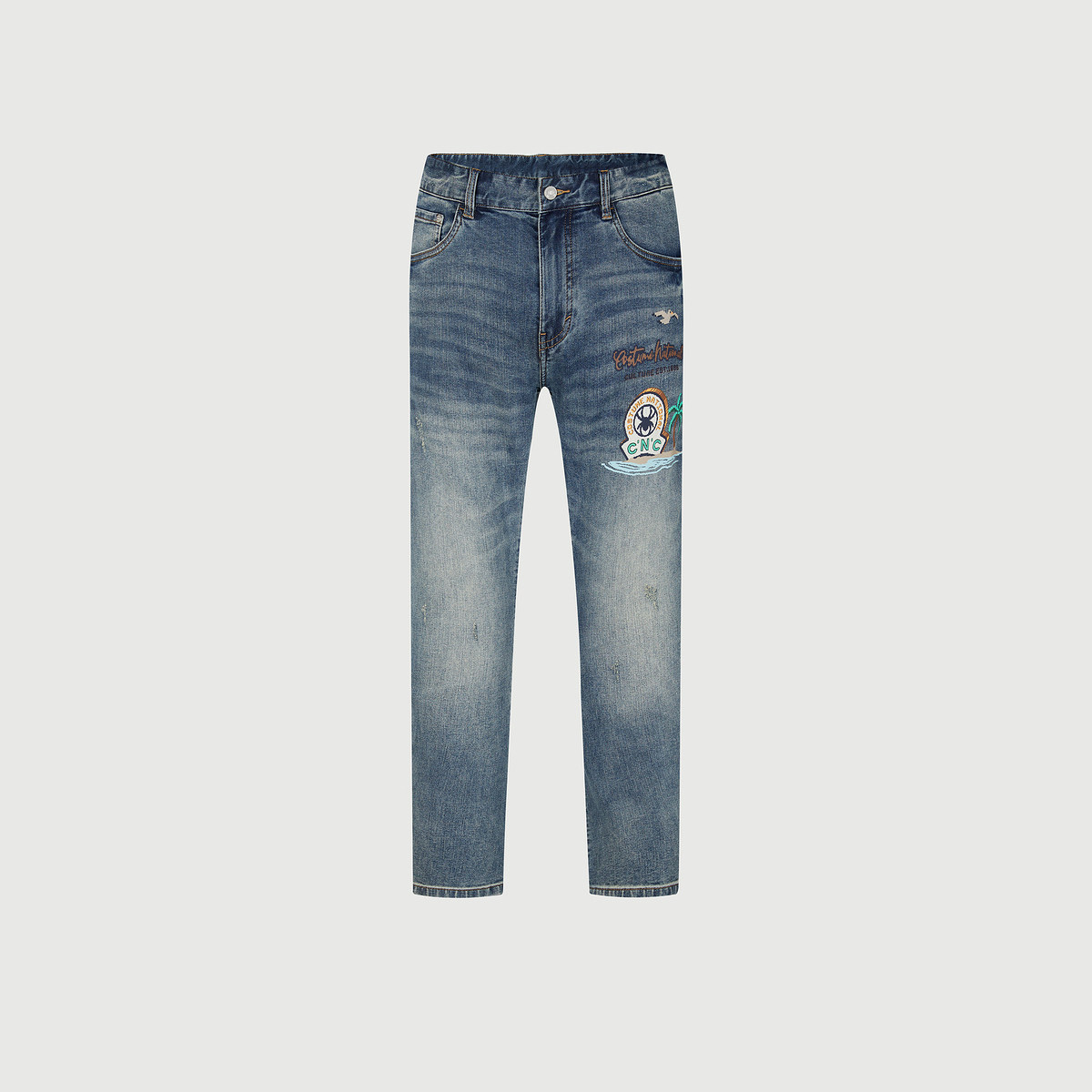 CNC男装奥莱蜘蛛logo水洗牛仔裤男新款轻奢百搭弹力长裤