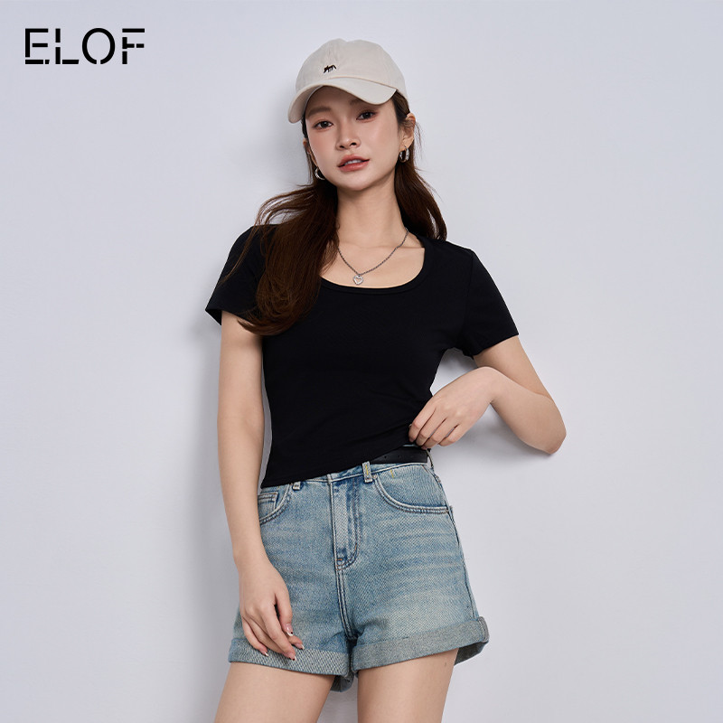 ELOF短袖T恤女U领纯色正肩打底衫内搭不透基础款通勤百搭显瘦上衣