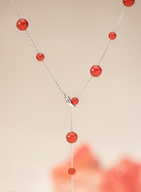 莓拉红色串珠满天星玛瑙美颈长项链新中式百搭多功能锁骨链
