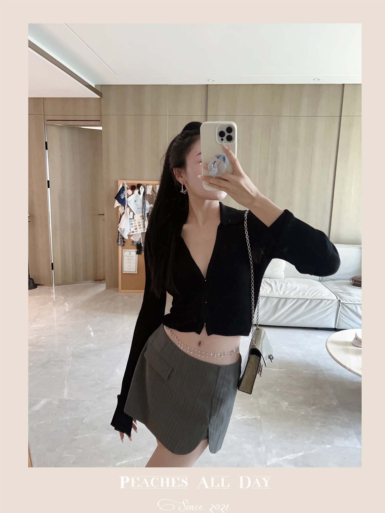 PEACHES ALL DAY巨显瘦du家显瘦纸片人百搭丝光丝短款针织上衣女 - 图1