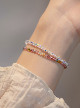 小米珠手链细款天然彩虹碧玺手链手串弹力绳叠戴质感宝石超细手链