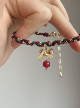 圣诞节氛围感蝴蝶结红色编绳手链女小众精致高颜值甜美百搭手饰