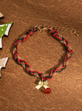 圣诞手链女ins小众设计闺蜜二人甜美简约蝴蝶结吊坠手工编织手绳