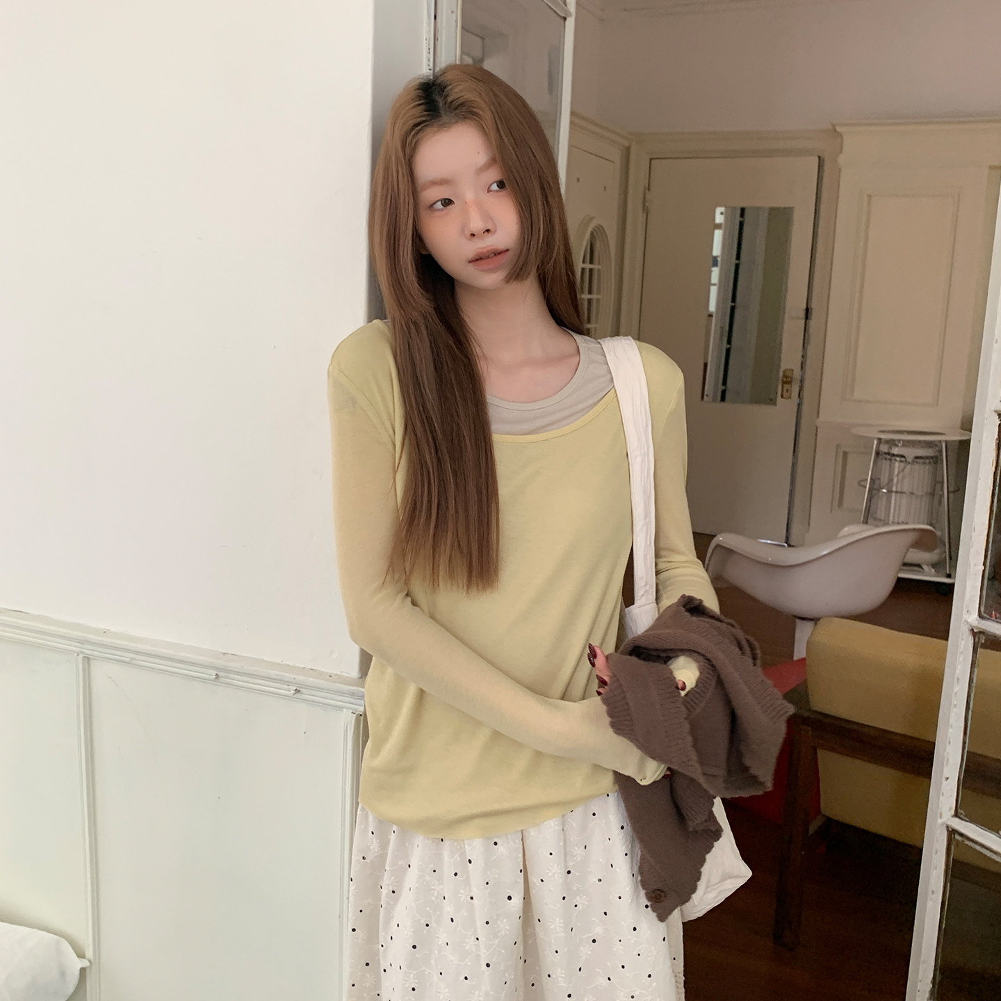 尺尺间Lsland拼接假两件长袖t恤女秋季新款软糯慵懒风宽松上衣,淘宝优惠券,粉丝福利购,淘宝优惠卷