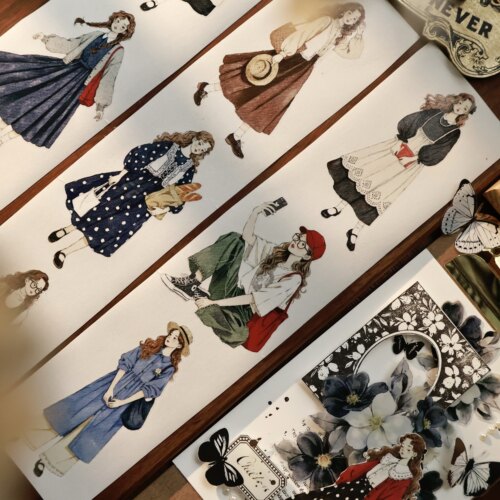壹洱文创新品切模-【森系女孩】复古人物切模和纸胶带素材贴纸 - 图3