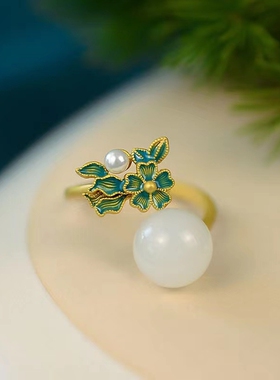 设计S925银镶嵌月光白玉髓梅花开口镀银女戒指送朋友礼物