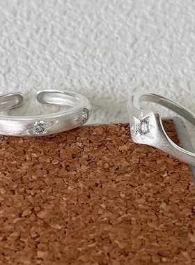 s925纯银磨砂拉丝八芒星闪钻戒指