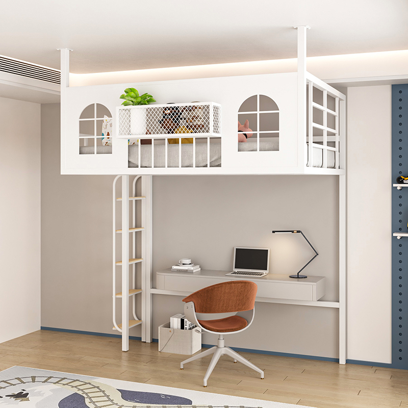 省空间loft铁艺高架床吊床小户型阁楼床单上层公寓上床下空悬空床 - 图0