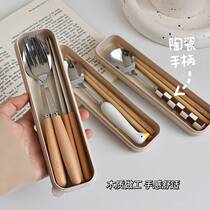 ins wind checkerboard lattice chopsticks spoon suit stainless steel cutlery student portable one with single fit containing box