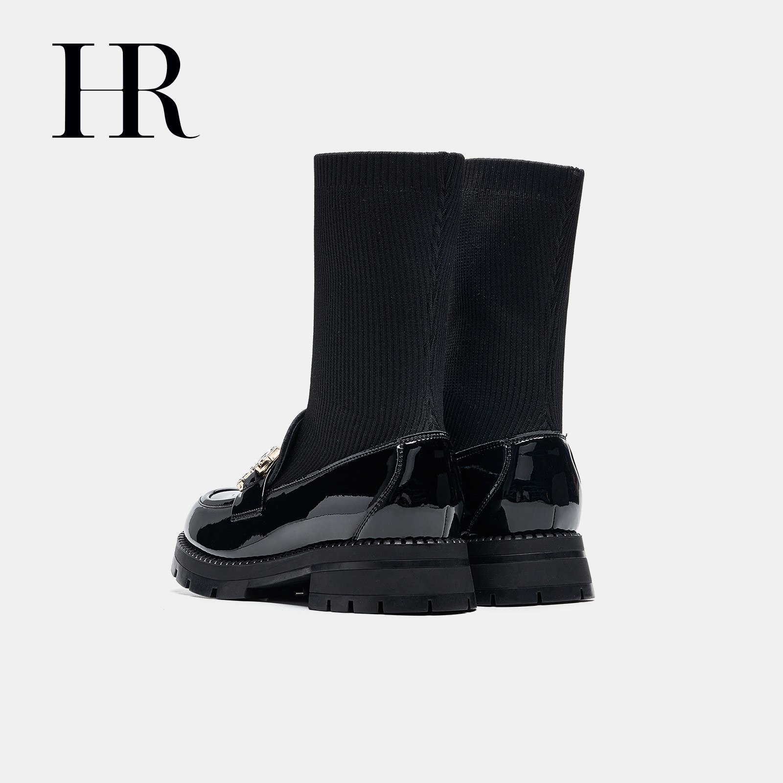 HR赫莲娜女鞋子2025冬季新款袜靴粗跟时尚中筒弹力靴显瘦舒适保暖,淘宝优惠券,粉丝福利购,淘宝优惠卷