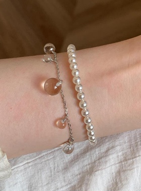 日系极简冰透白水圆珠手链女精致