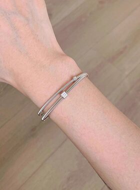 银色双层环绕拉丝方块手链女手镯