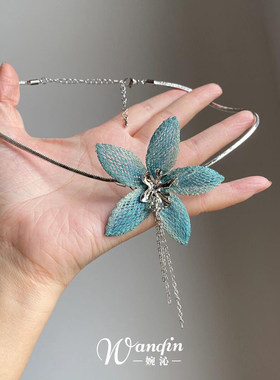 清冷感蓝色花朵项链女配饰锁骨链