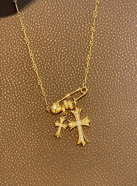 爆闪别针跑环十字架项链女锁骨链