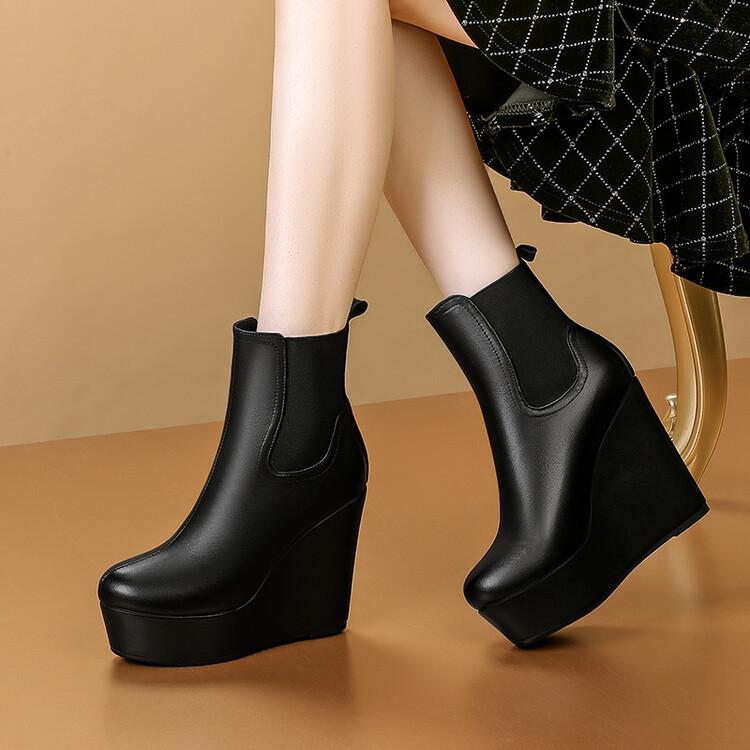 坡跟厚底真皮短靴11厘米超高跟复古棕色防水台小个子秋冬圆头女靴 - 图0