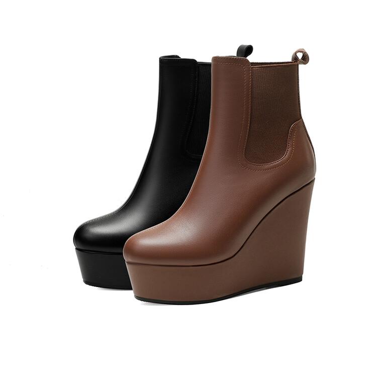坡跟厚底真皮短靴11厘米超高跟复古棕色防水台小个子秋冬圆头女靴 - 图3