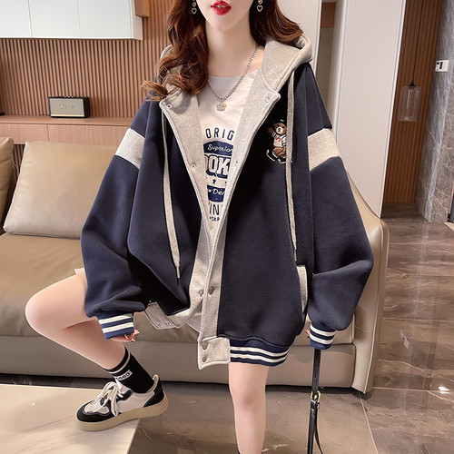 加绒加厚撞色连帽棒球服卫衣女秋冬胖mm大码200斤春秋薄款外套潮 - 图2