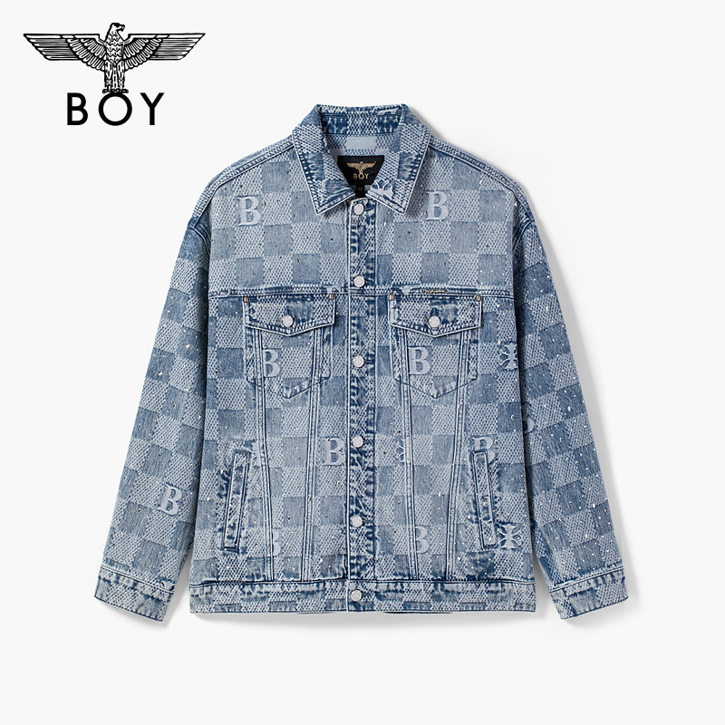BOYLONDON浅蓝棋盘格字母提花烫钻牛仔外套2026年春季新款N50002,淘宝优惠券,粉丝福利购,淘宝优惠卷