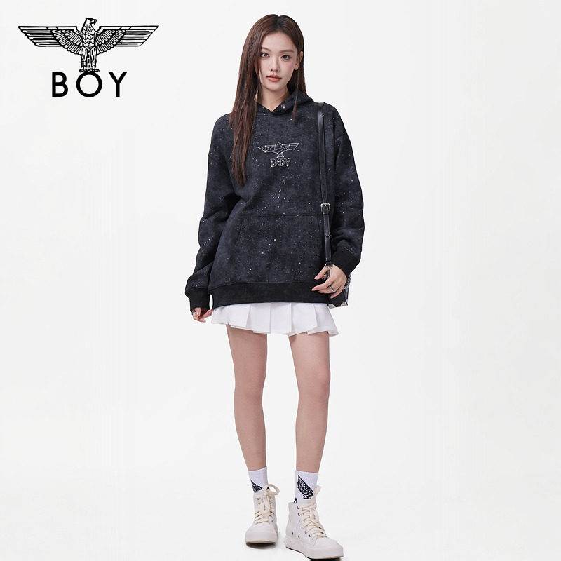 BOYLONDON秋季男女同款上衣潮牌烫钻百搭连帽套头长袖卫衣N04009 - 图2