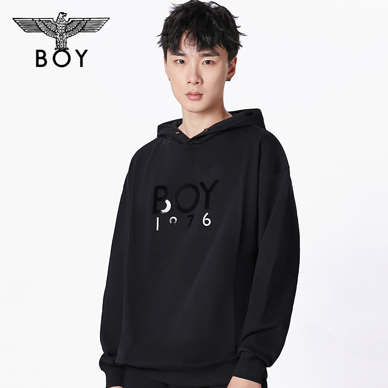 BOYLONDON春季男女同款简约立体logo潮酷连帽套头长袖卫衣N04801 - 图0