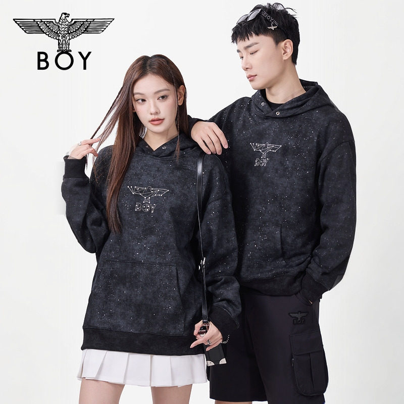 BOYLONDON秋季男女同款上衣潮牌烫钻百搭连帽套头长袖卫衣N04009 - 图0