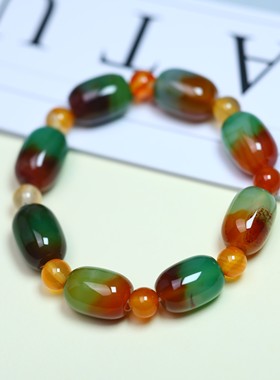 天然玛瑙多彩孔雀桶珠手链幸福女