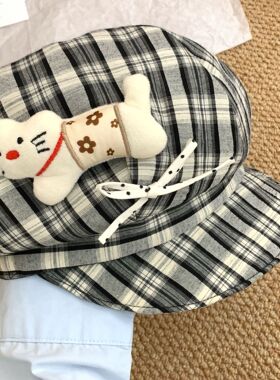 日系卡通小猫蝴蝶结格纹八角帽女春秋出游显脸小复古贝雷帽子