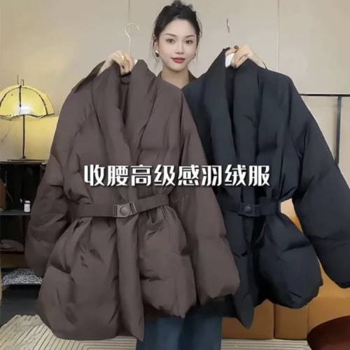 新款韩版系带收腰羽绒外套显瘦白鸭绒保暖羽绒服潮流名媛风 - 图0