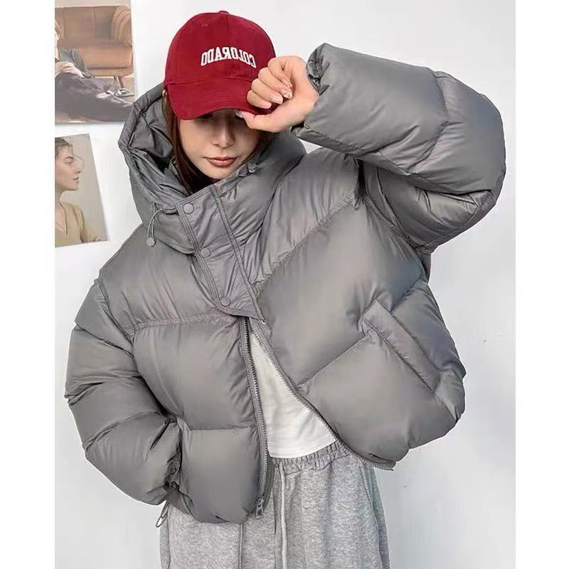 反季连帽羽绒服女冬季2025新款时尚灰色面包服休闲短款棉衣外套 - 图0