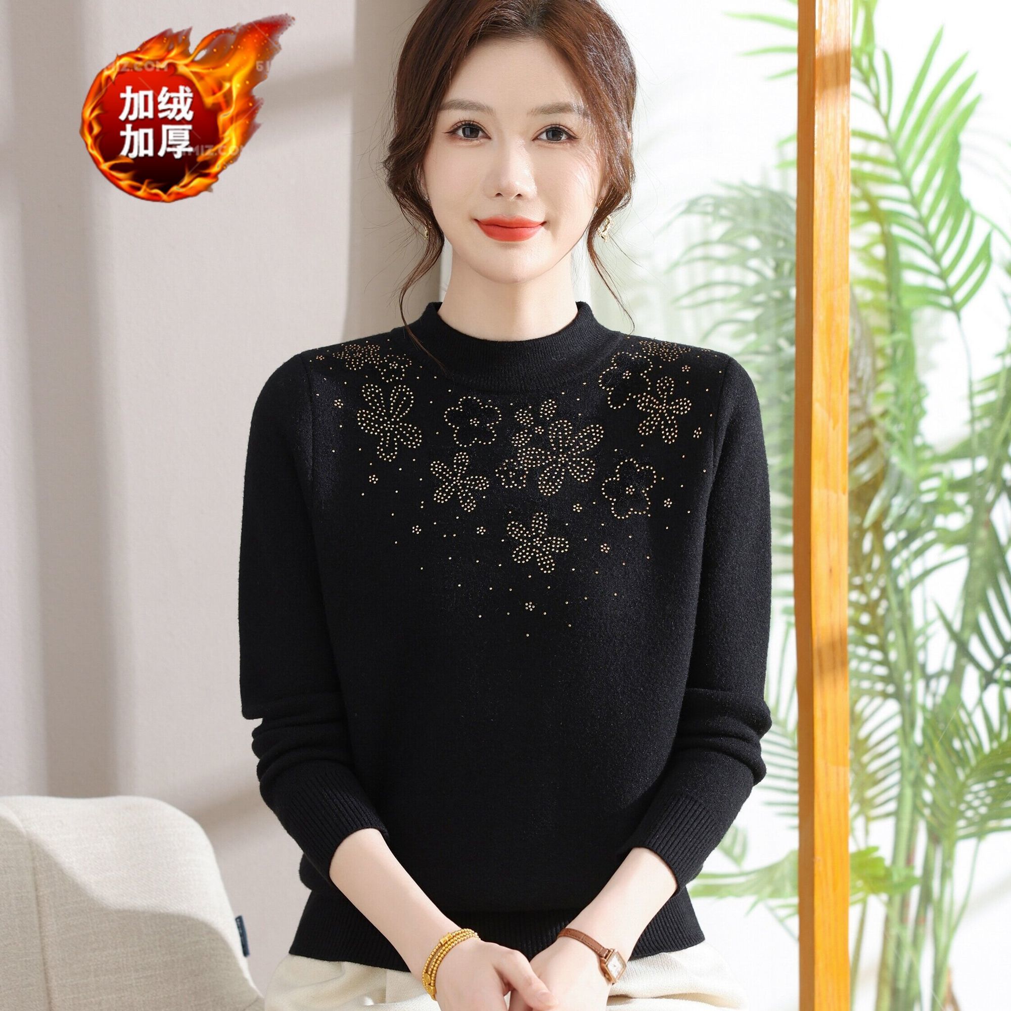 2025新款妈妈冬季一体绒毛衣中老年宽松加绒加厚保暖针织打底衫女 - 图2