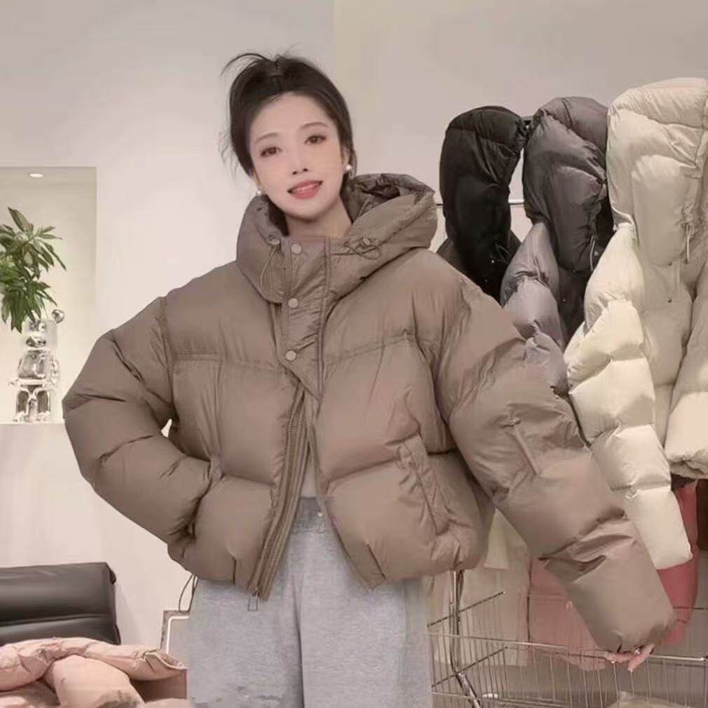 反季连帽羽绒服女冬季2025新款时尚灰色面包服休闲短款棉衣外套 - 图3