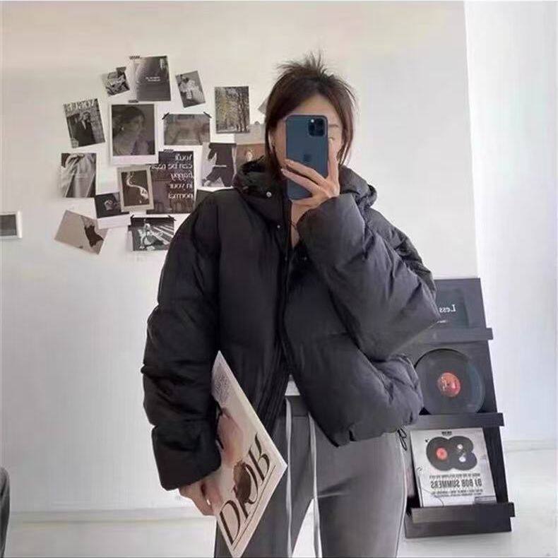 反季连帽羽绒服女冬季2025新款时尚灰色面包服休闲短款棉衣外套 - 图1