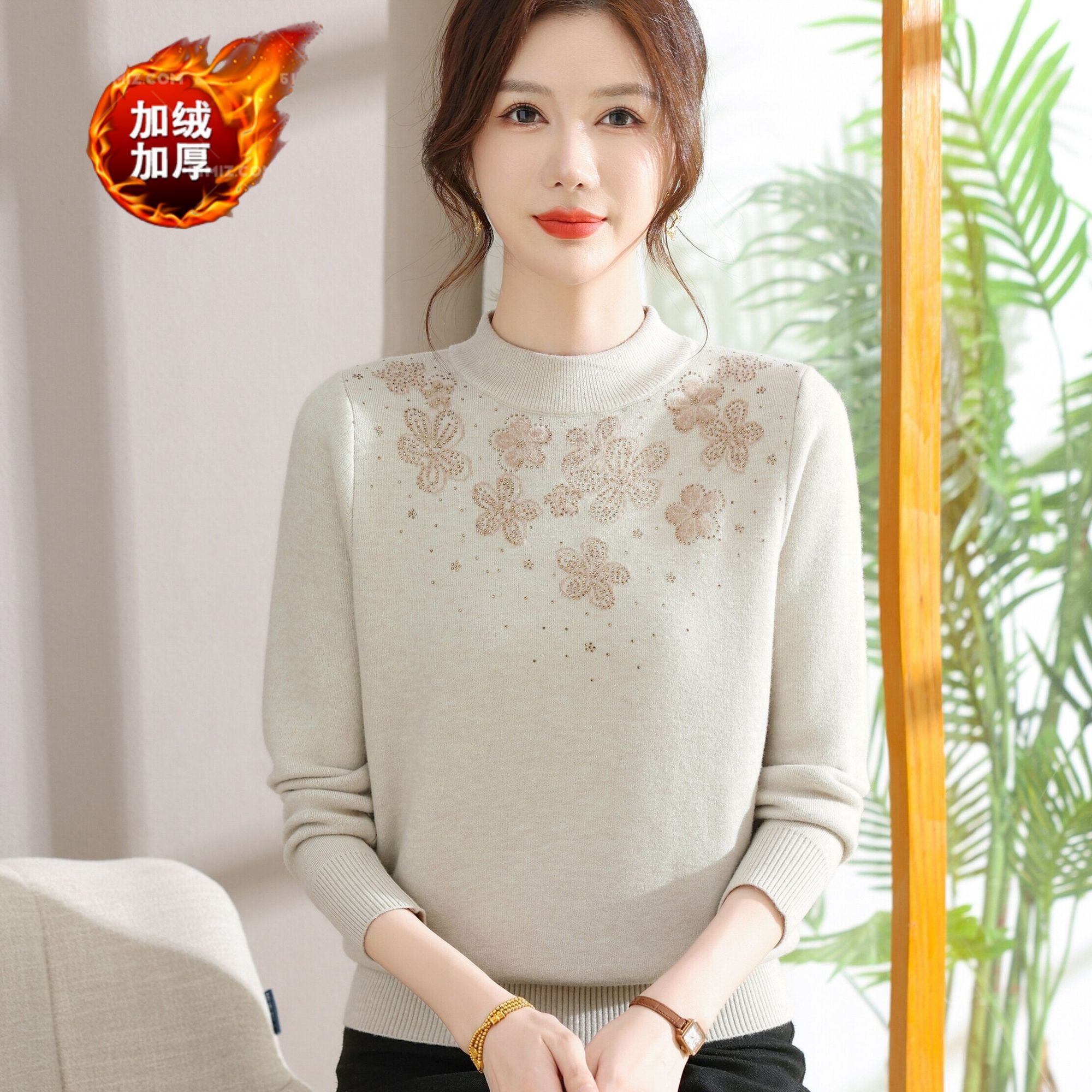 2025新款妈妈冬季一体绒毛衣中老年宽松加绒加厚保暖针织打底衫女 - 图0