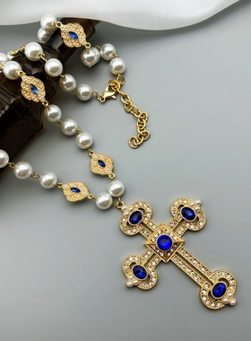 中古Vintage西洋复古重工满钻镶嵌小众设计感十字架珍珠项链