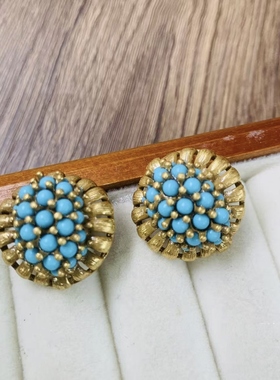 中古vintage复古做旧镶嵌松石戒指 欧美小众设计感食指戒气质耳钉