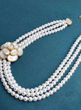 中古Vintage真金电镀法式复古天然白贝山茶花珍珠耳钉项链套装