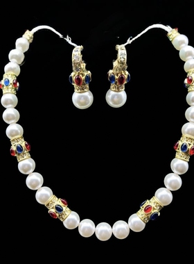 中古Vintage满镶撞色琉璃 气质百搭优雅时尚 珍珠项链耳钉套