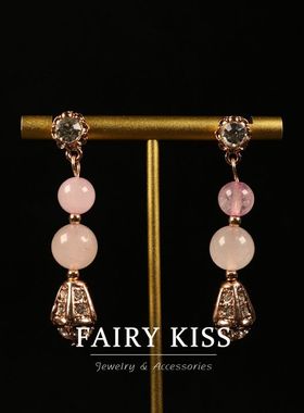 法式复古优雅石头粉金蝴蝶结精致水钻双层项链 玻璃珍珠百搭饰品