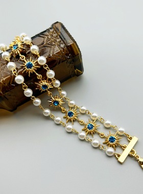 复古多排电镀真金六芒星镶钻设计感百搭气质珍珠手链