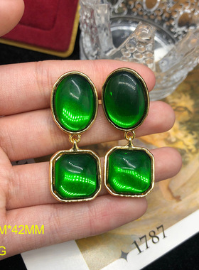 西洋中古vintage饰品法式优雅气质蓝色琉璃短款项链耳夹百搭套装