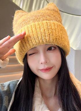 韩系猫耳针织帽女秋冬保暖大头围