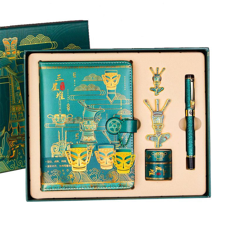 三星堆笔记本套装复古典彩页记事本书签徽章签字笔创意礼盒伴手礼 - 图3
